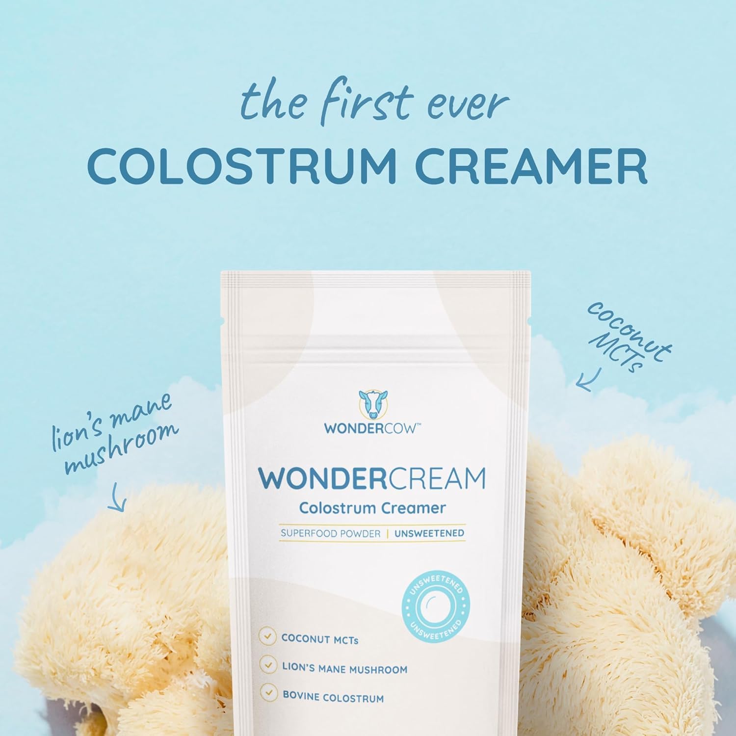 WONDERCOW Bovine Colostrum Superfood Creamer Supplement Powder w/Organic Lions Mane Mushroom & Coconut Milk Powder MCTs | Functional Sugar Free Keto Coffee, Smoothie & Drink Mix Unsweetened WONDERCOWAu supplements