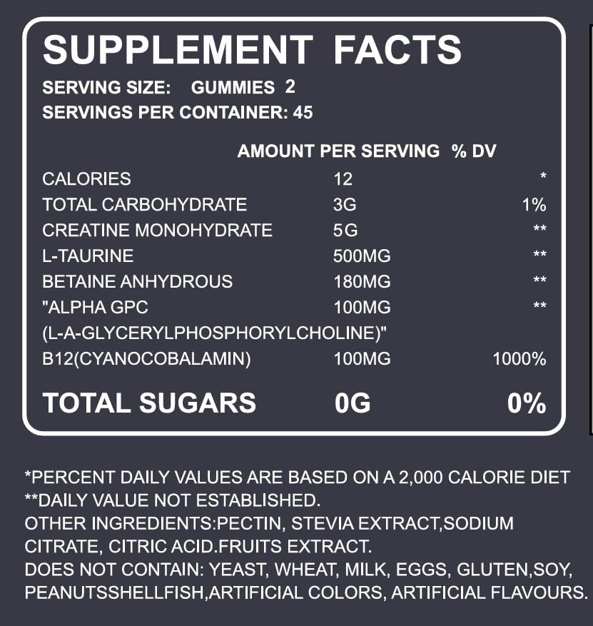 FlexPrime Creatine Gummies Sugar Free - 6g Creatine Monohydrate + L-Taurine, Alpha GPC, Betaine | Vegan Halal Blueberry Chews for Lean Muscle, Strength, Brain Health | Men Women 90 Count FlexPrimeAu supplements