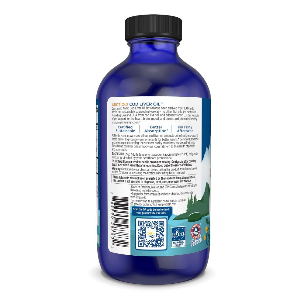 Nordic Naturals Arctic-D Cod Liver Oil, Lemon - 8 oz - 1060 mg Total Omega-3s + 1000 IU Vitamin D3 - EPA & DHA - Heart, Brain, Bone, Immune & Mood Support - Non-GMO - 48 Servings Nordic NaturalsAu supplements