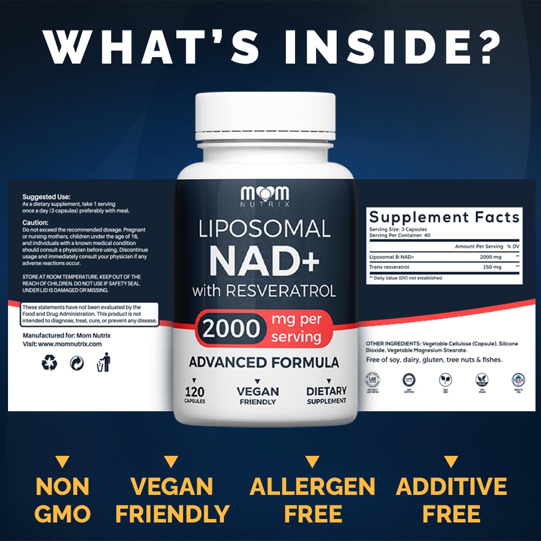 MOM NUTRIX Liposomal NAD Supplement with Resveratrol - High Purity NAD Plus 2000 mg, 120 Capsules, Made in The USA - NMN Alternative MOM NUTRIXAu supplements