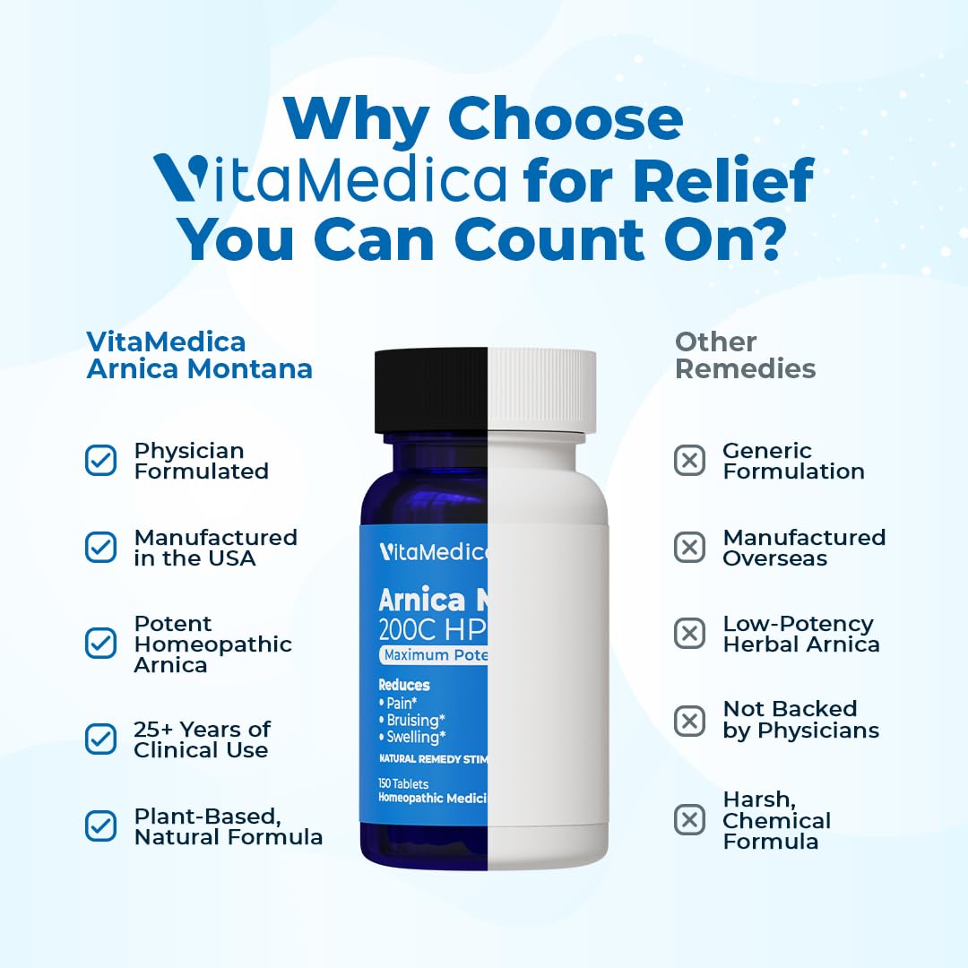 VitaMedica Arnica Montana 200C Rapid Dissolve Tablets for Natural Pain, Bruising, and Swelling Support - High Potency Homeopathic Medicine for Injury and Surgery Recovery - 150 Ct - 50 Servings VitaMedicaAu supplements