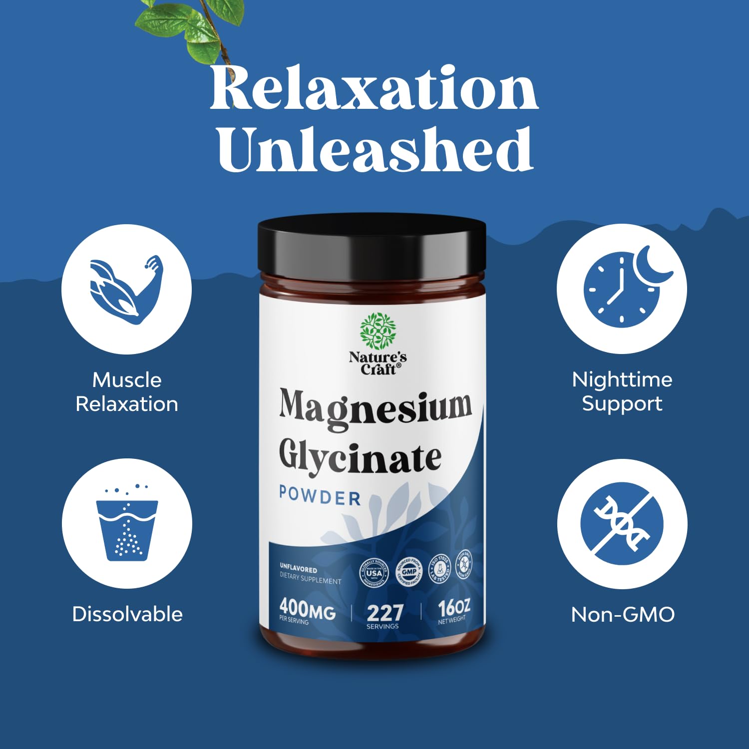 Potent Magnesium Glycinate Powder 400mg - Calm Magnesium Powder Bulk for Muscle Relax, Calm & Sleep Support for Adults - Glycinate Mag Soothe Vegan & Non-GMO Supplement - 1 Pack Natures CraftAu supplements