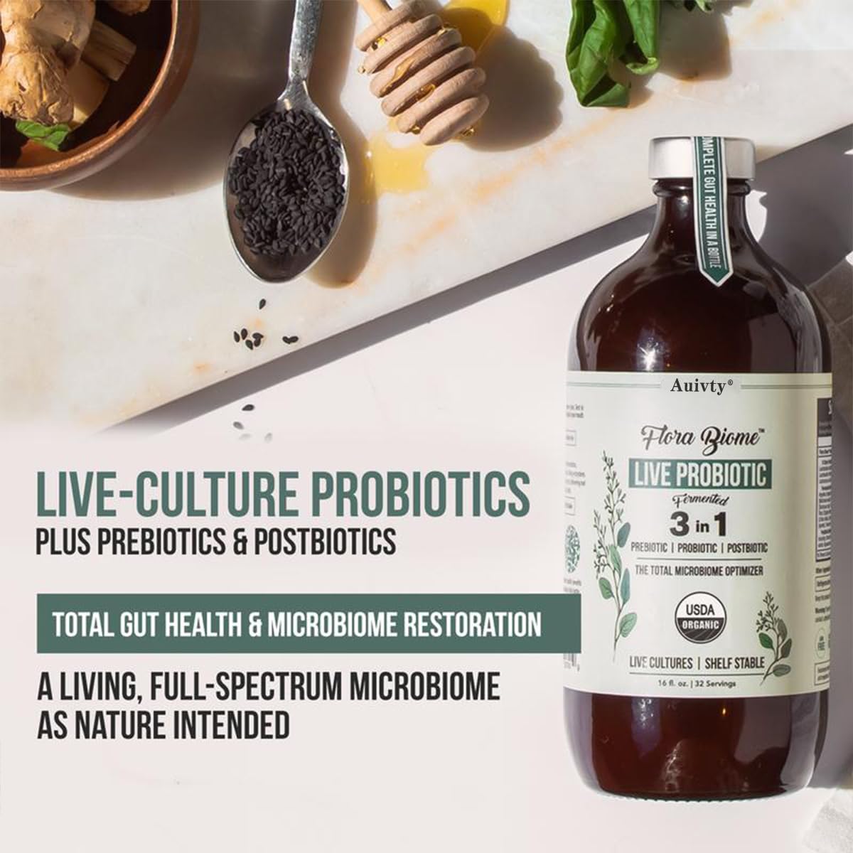 Auivty Flora Biome Live Probiotic Liquid, 3-in-1 Probiotic + Prebiotic + Postbiotic, 30 Billion CFU (at Time of Manufacture), 10 Strains, Fermented Herbal Blend with 18 Herbs, Shelf Stable, 16 fl oz AuivtyAu supplements