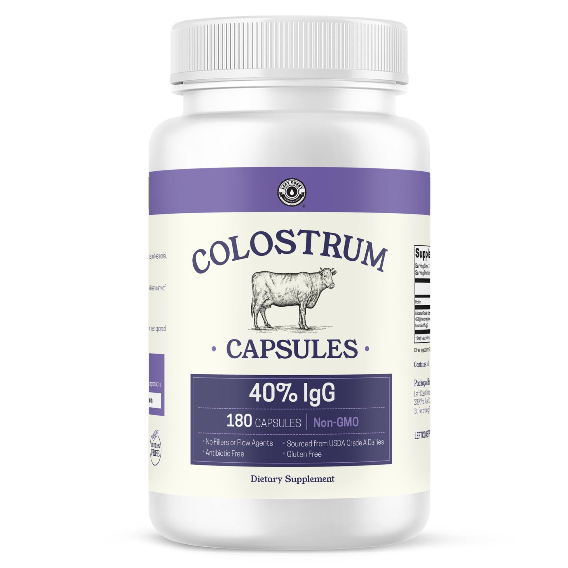 180ct Colostrum Capsules 40% IgG - USA Sourced Bovine Colostrum Powder Left Coast PerformanceUS supplements