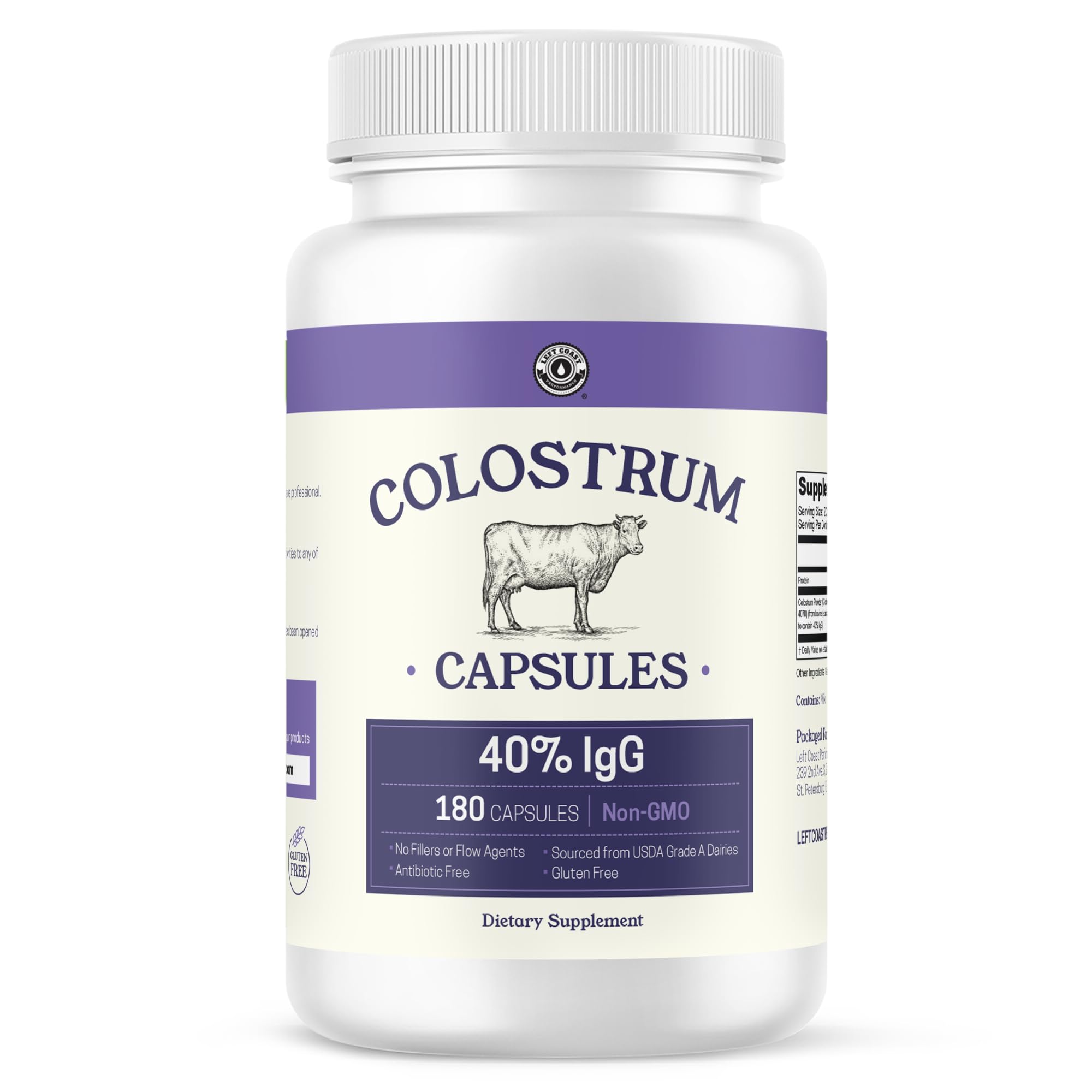 180ct Colostrum Capsules 40% IgG - USA Sourced Bovine Colostrum Powder Left Coast PerformanceUS supplements
