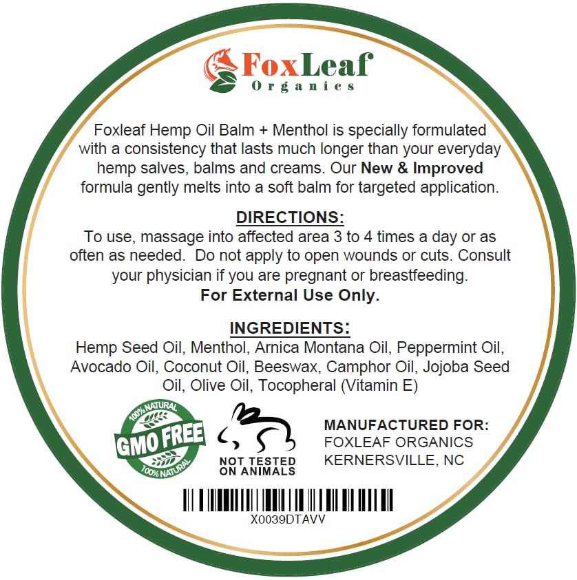 Hemp Oil Balm with Arnica, Camphor, Menthol & Peppermint, Herbal Cooling Balm for Muscles, Joints, Knees, Back & Body, Made in USA, 2oz FOXLEAFAu supplements