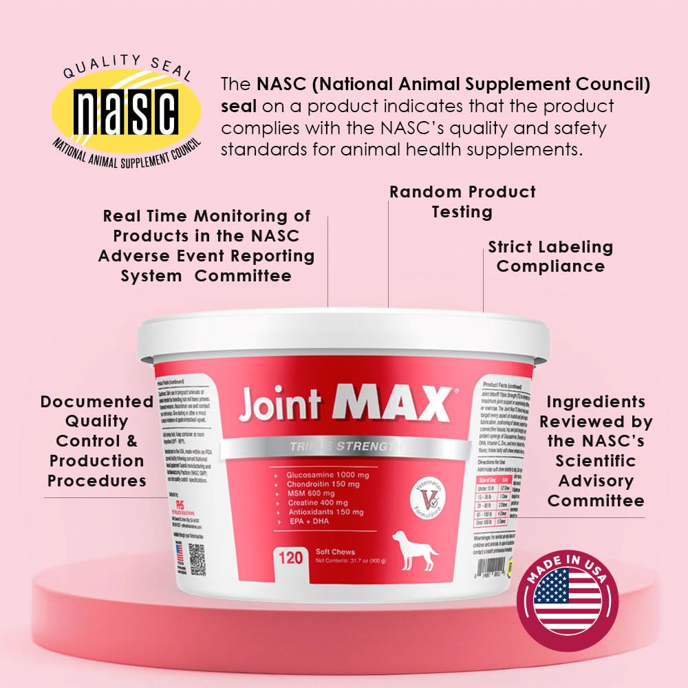 Joint Max TS Joint Supplement Vet Formulated Pain & Inflammation Relief Treats Hip Dysplasia & Arthritis, Glucosamine, Chondroitin, Turmeric, MSM, HA, Creatine, Omega 3 EPA + DHA.120 Soft Chews Joint MaxAu supplements