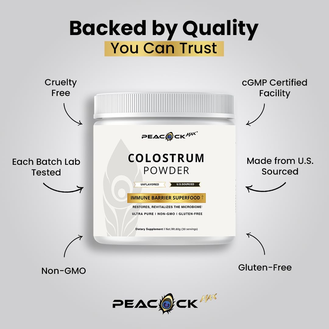 Peacock Max Colostrum Powder – 60g (30 Servings), Unflavored Bovine Colostrum Supplement, Superfood for Hair, Skin & Gut Health, Gluten-Free, Non-GMO Peacock MaxAu supplements