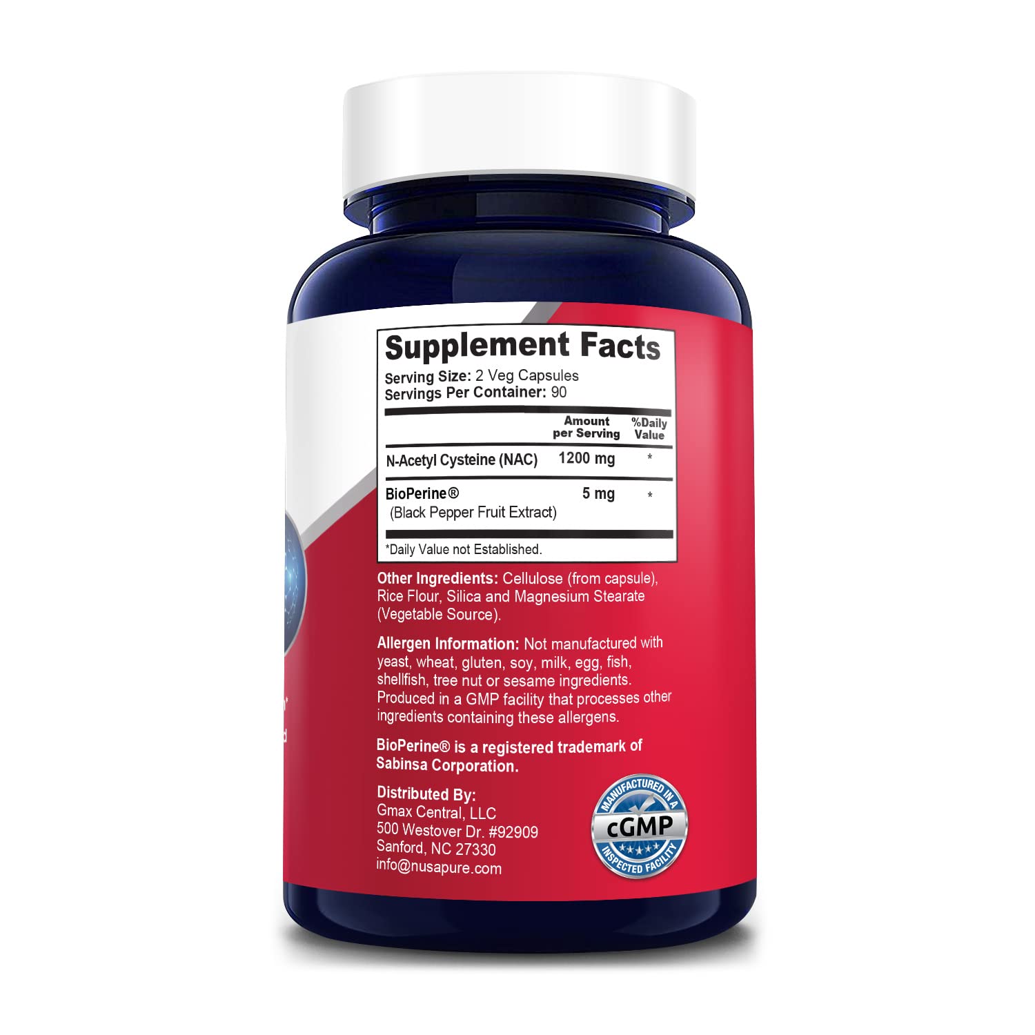 NusaPure N-Acetyl Cysteine (NAC) 1200mg 180 Veggie Caps (Vegetarian, Non-GMO, Gluten Free) Bioperine NusaPureAu supplements