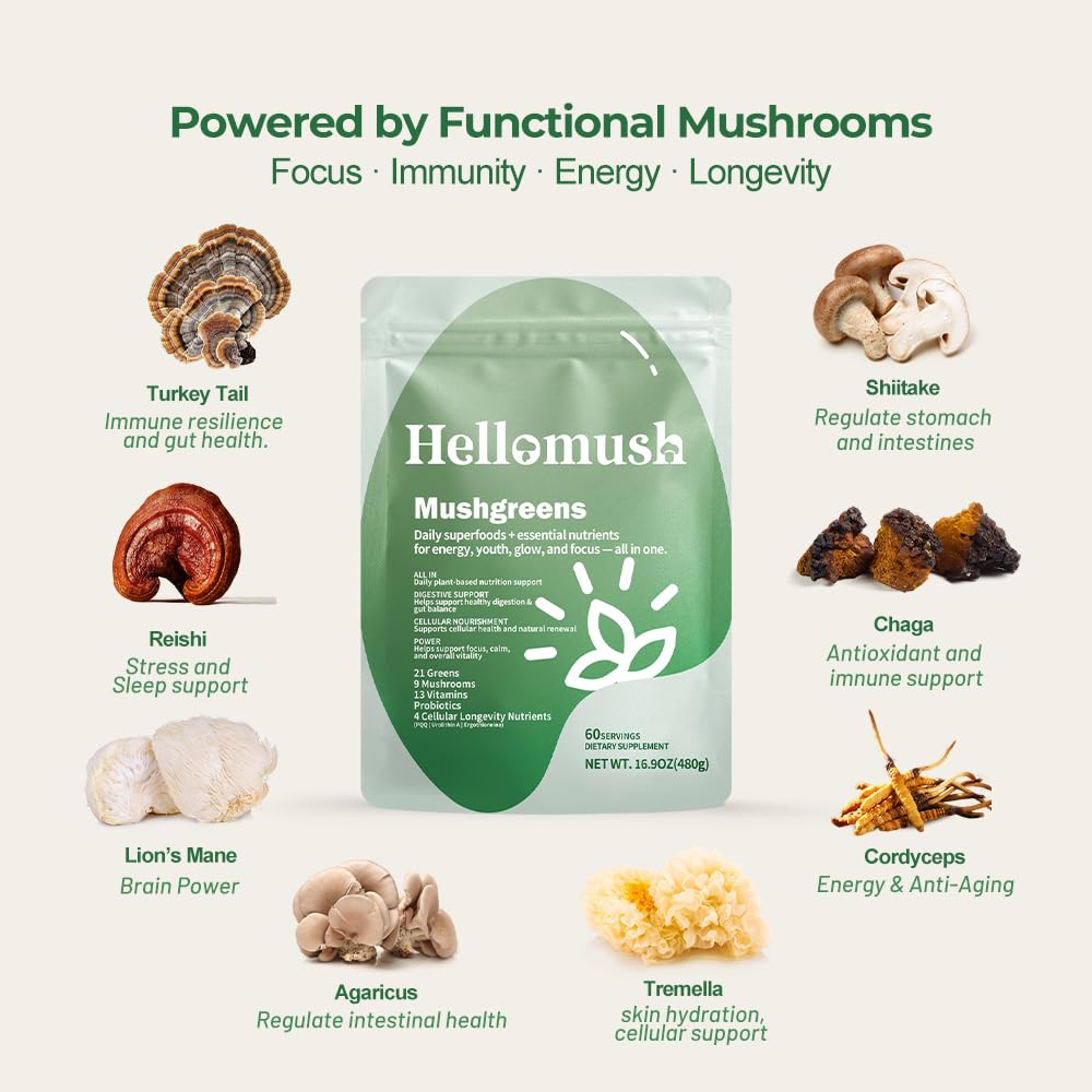 Hellomush Super Greens Powder Superfood, Daily Green Powder Supplement with Probiotics Drink Mix for Men & Women, Blend of Greens, Mushrooms, Vitamins, Probiotics and Cellular Nutrients HellomushAu supplements