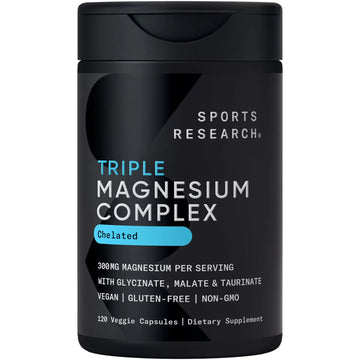 Sports Research® Chelated Triple Magnesium Complex with Glycinate, Taurinate & Malate (Chelamax®) for Enhanced Bioavailability* - 300 mg per Serving, Non-GMO, Certified Vegan, 120 Veggie Capsules Sports ResearchAu supplements