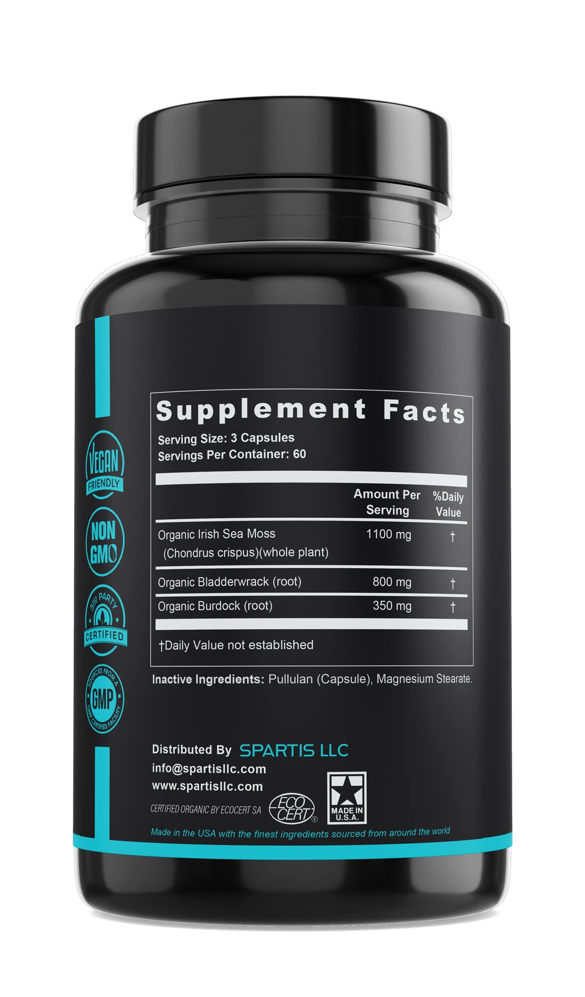 Certified Organic Sea Moss Capsules 2250mg Wildcrafted Irish Sea Moss Burdock Root SPARTISUS supplements