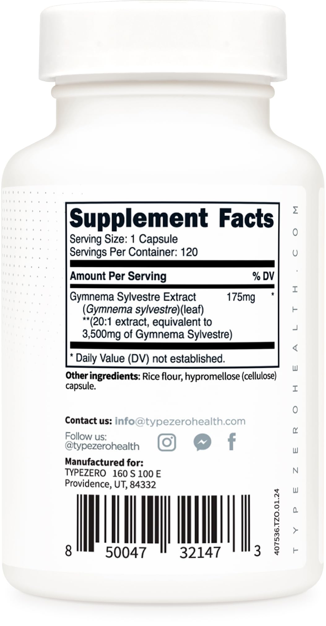 Type Zero Clean Gymnema Sylvestre 3,500mg Equivalent from 175mg of 20:1 Extract Per Serving, 120 Capsules for 120 Servings Per Bottle, Non-GMO. Gluten Free Type ZeroUS supplements