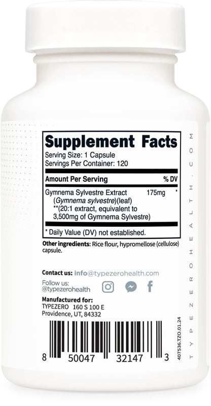Type Zero Clean Gymnema Sylvestre 3,500mg Equivalent from 175mg of 20:1 Extract Per Serving, 120 Capsules for 120 Servings Per Bottle, Non-GMO. Gluten Free Type ZeroUS supplements