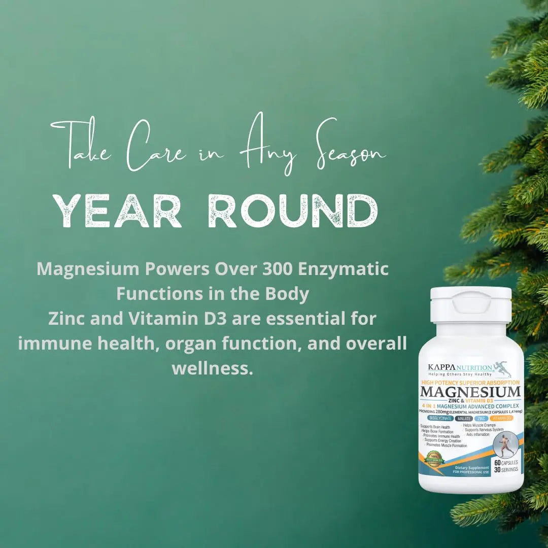 Kappa Nutrition Magnesium 4-in-1, 280mg Elemental Magnesium (Bisglycinate, Malate) + Zinc & Vitamin D3, Brain, Sleep, Energy, Muscle, Immune Support, 60 Vegan Capsules. KAPPA NUTRITIONnz supplements