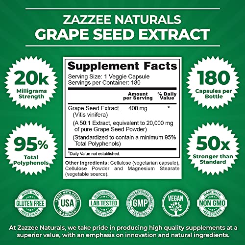 Zazzee High Strength Grape Seed 50:1 Extract, 20,000 mg Strength, 180 Vegan Capsules ZazzeeUS supplements