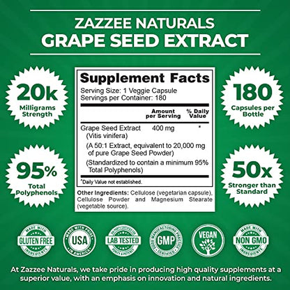 Zazzee High Strength Grape Seed 50:1 Extract, 20,000 mg Strength, 180 Vegan Capsules ZazzeeUS supplements