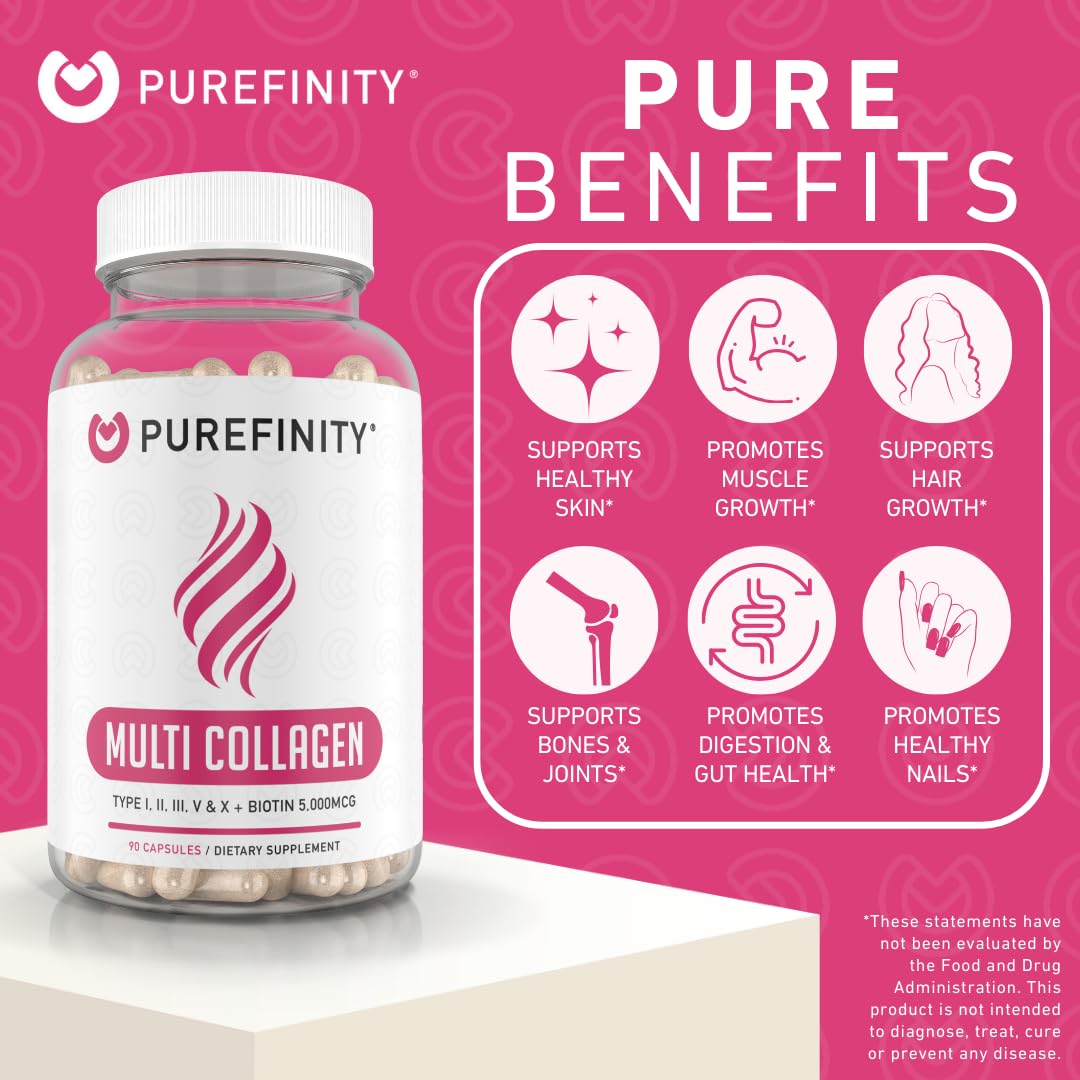 PUREFINITY Collagen Peptides for Women – Type I, II, III, V & X with Biotin & Hyaluronic Acid, Supports Healthy Skin, Bones, Hair & Nails – Non-GMO, Grass-Fed (90 Capsules, 1 Month Supply) PUREFINITYAu supplements