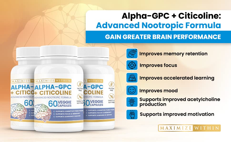 Maximize Within Alpha GPC + Citicoline 60 Ct, 1600mg Concentrated Formula- 99%+Highly Purified & Bioavailable Nootropic-Cognitive Enhancer, Supports Memory, Brain Function, Boosts Focus, Mood & Energy Maximize WithinAu supplements