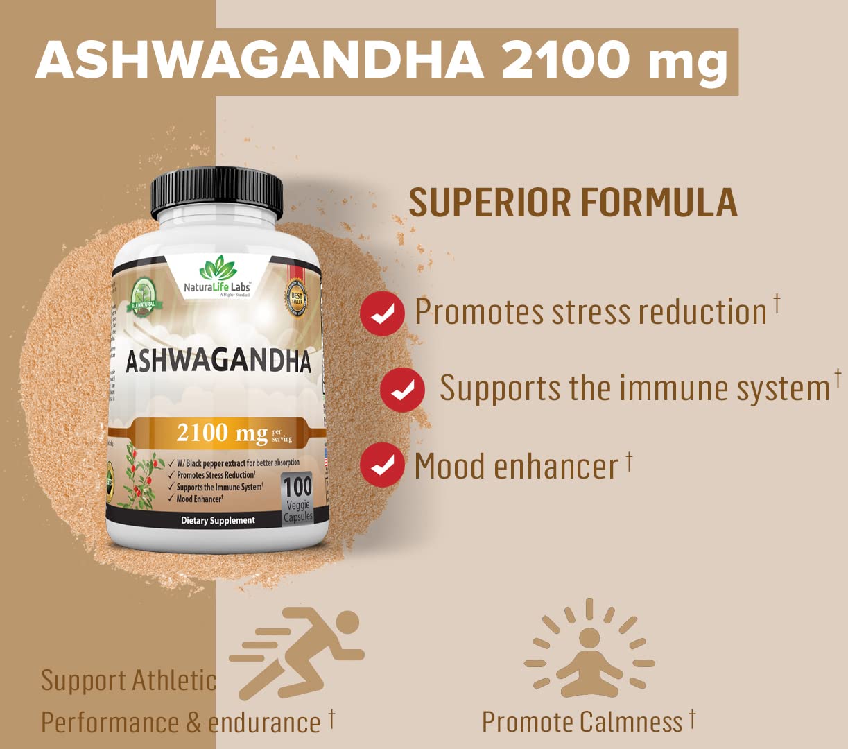 Organic Ashwagandha 2,100 mg - 100 Vegan Capsules Pure Organic Ashwagandha Powder NaturaLife Labs A Higher StandardUS supplements