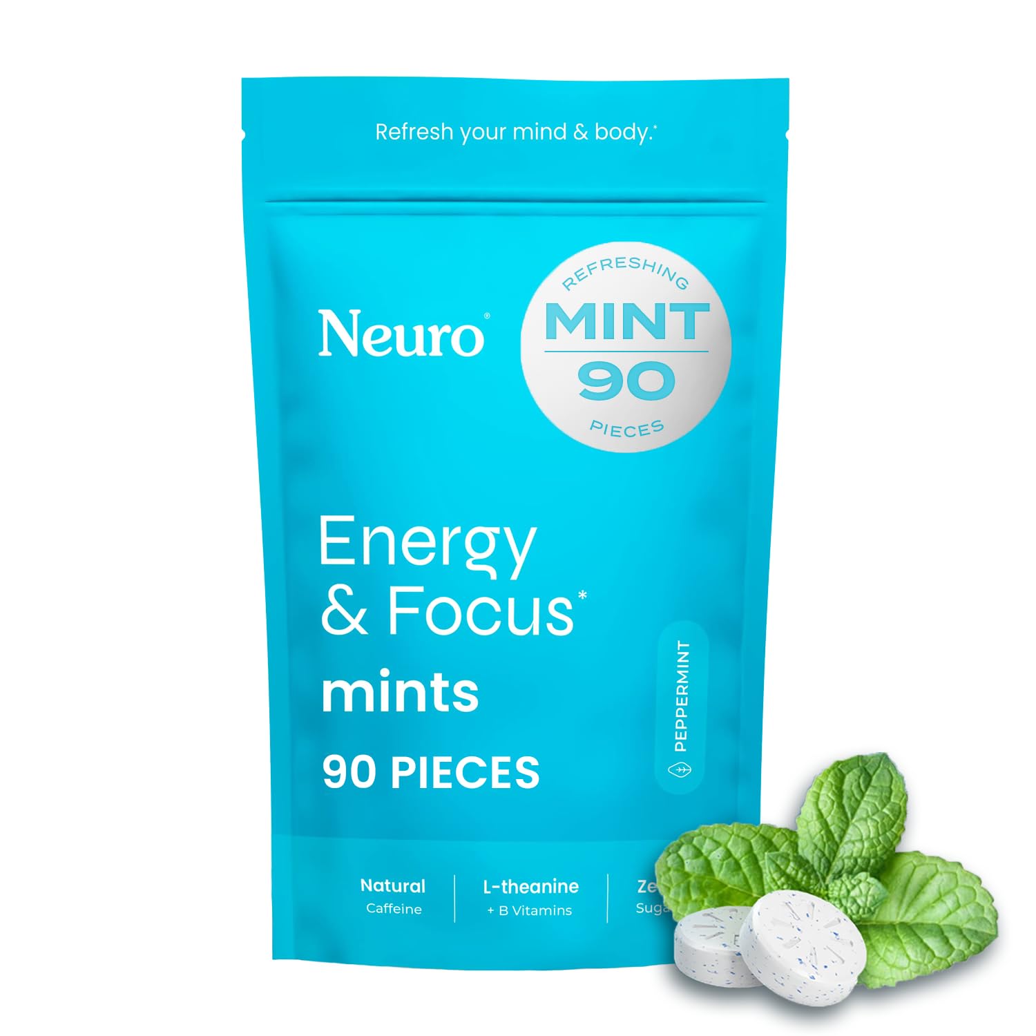 Neuro Energy & Focus Mints - Sugar Free Breath Mints with 40mg Natural Caffeine, B Vitamins & L-Theanine - Vegan Brain Supplement for Exercise, Study & Daily Focus - Peppermint, 90 ct NeuroAu supplements