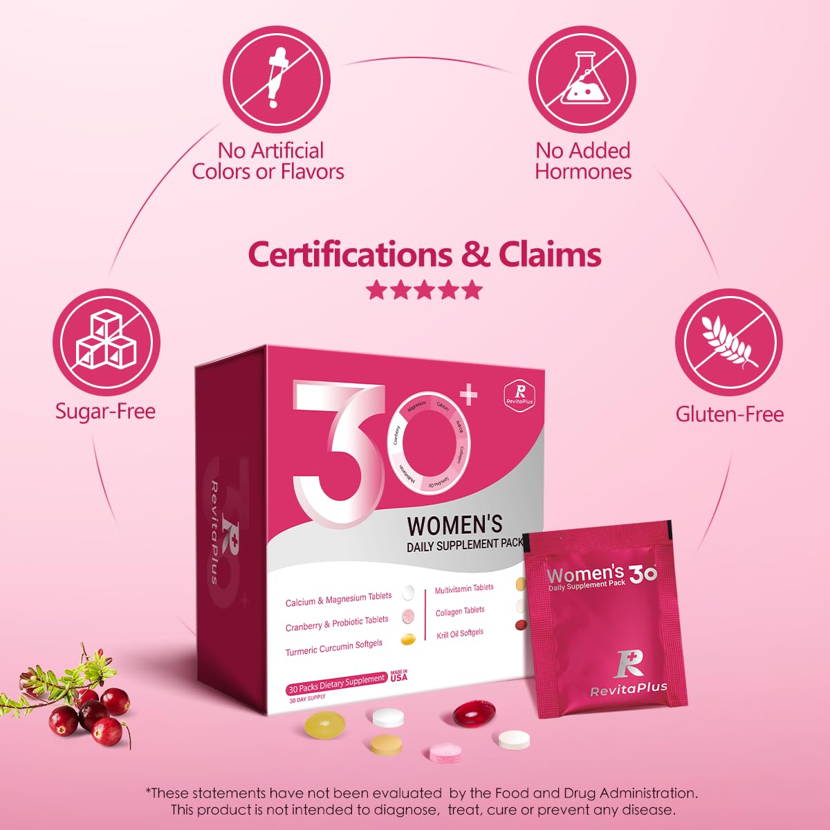 RevitaPlus Multivitamin for Women with Vitamin A,B,C,D3,E,K2,Biotin, Collagen,Krill Oil,Cranberries Supports Energy,Wellness,Beauty and Immune - Vitamin Packs for Women Health 30 Packs RevitaPlusAu supplements