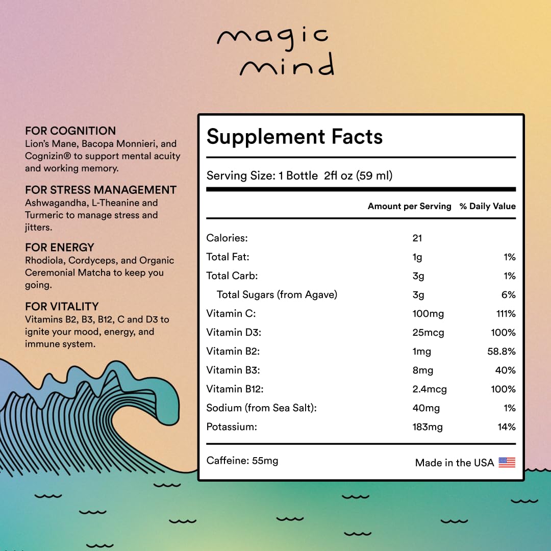 Magic Mind Focus Energy Drink Shots - No Jitters, Stress Relieving, Ashwagandha, Functional Mushrooms, Matcha Green Tea, Vitamin B12, Vitamin C - 2 FL Oz (5 Pack) Magic MindAu supplements