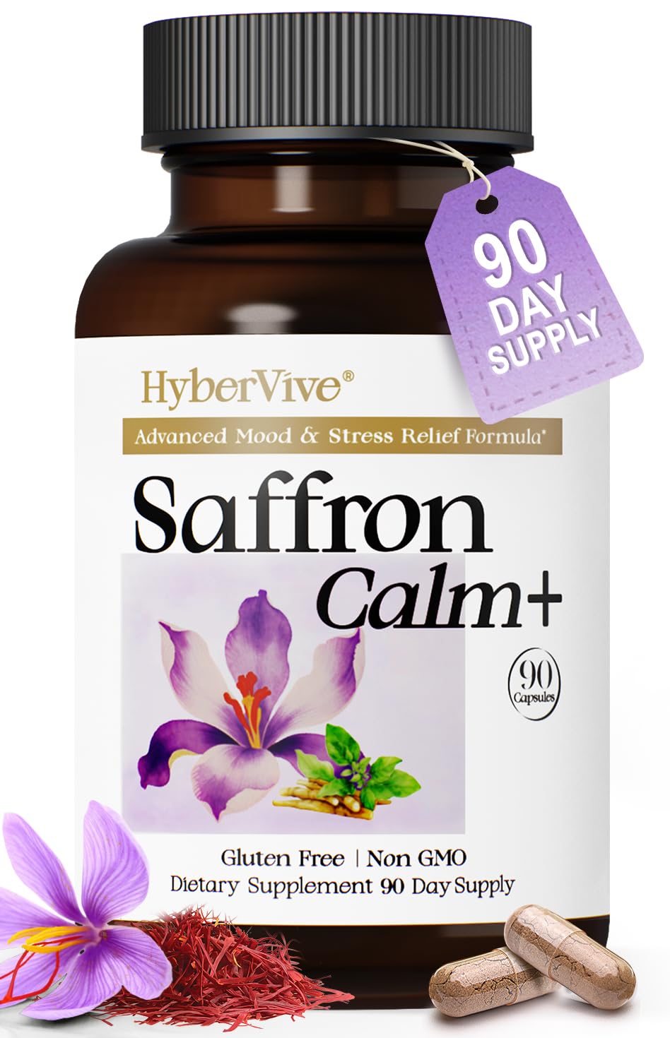 HyberVive Saffron Supplements with Ashwagandha & L-Theanine - 368.5MG - Mood Balance, Stress Relief & Mental Clarity – Cortisol Support for Women & Men, Made in USA, 90 Vegan Capsules HyberViveAu supplements