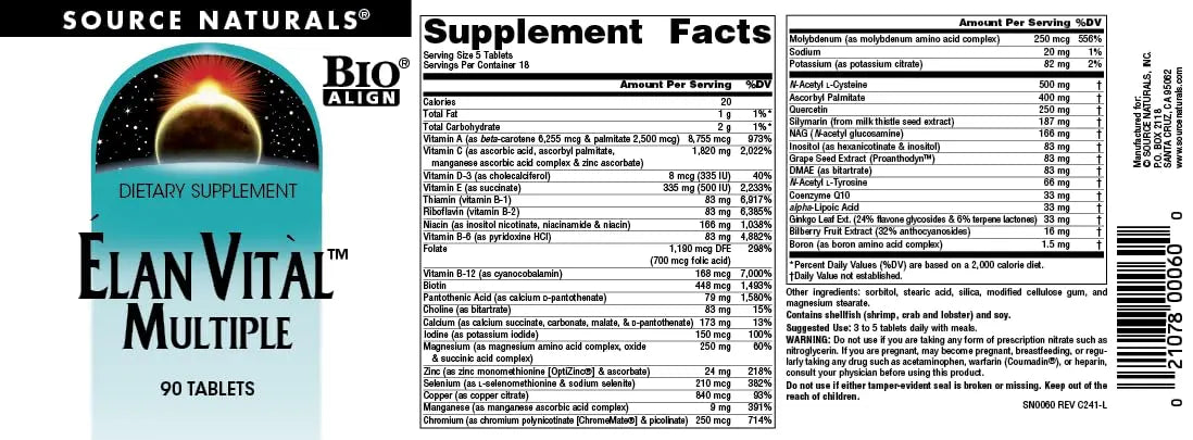 Source Naturals Elan Vital Multiple, for Multiple Body System Support* - 90 Tablets Source NaturalsAu supplements