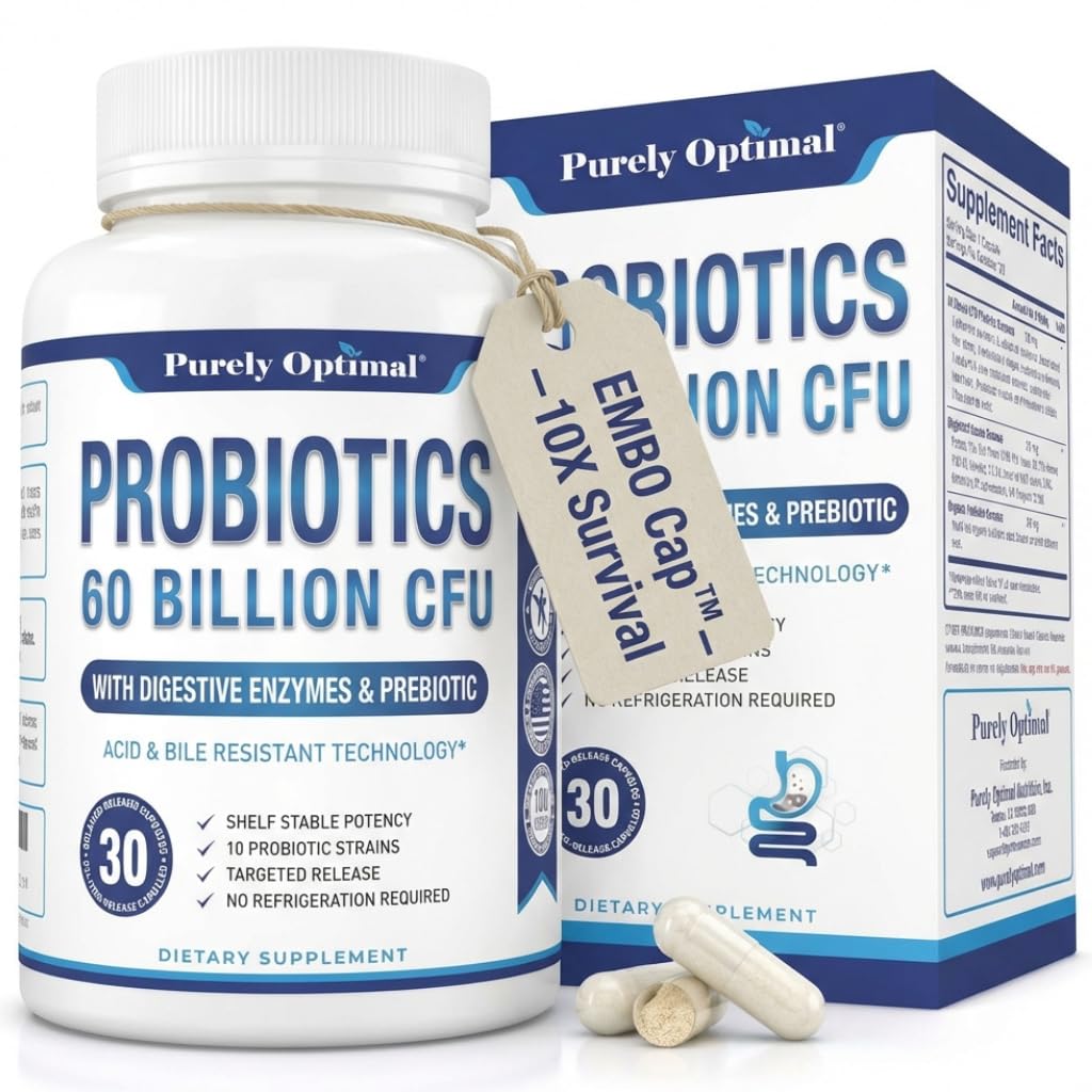 Purely Optimal Probiotics for Digestive Health, 60 Billion CFU – Delayed-Release with Digestive Enzymes & Organic Prebiotics – Bloating, Immune & Energy Support, 30 Caps Purely OptimalAu supplements