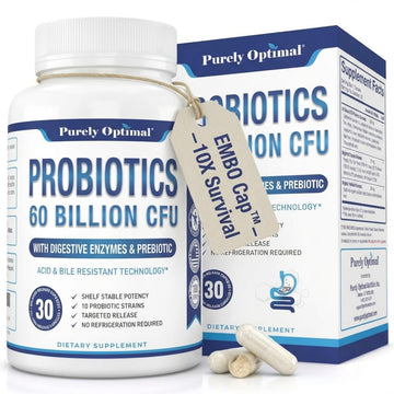 Purely Optimal Probiotics for Digestive Health, 60 Billion CFU – Delayed-Release with Digestive Enzymes & Organic Prebiotics – Bloating, Immune & Energy Support, 30 Caps Purely OptimalAu supplements