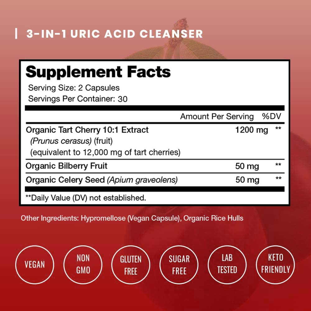 NutraChamps Organic Tart Cherry Extract Capsules - Made from Montmorency Tart Cherry Concentrate, Celery Seed & Bilberry - Uric Acid Cleanse & Joint Support - Vegan Capsules NutraChampsAu supplements