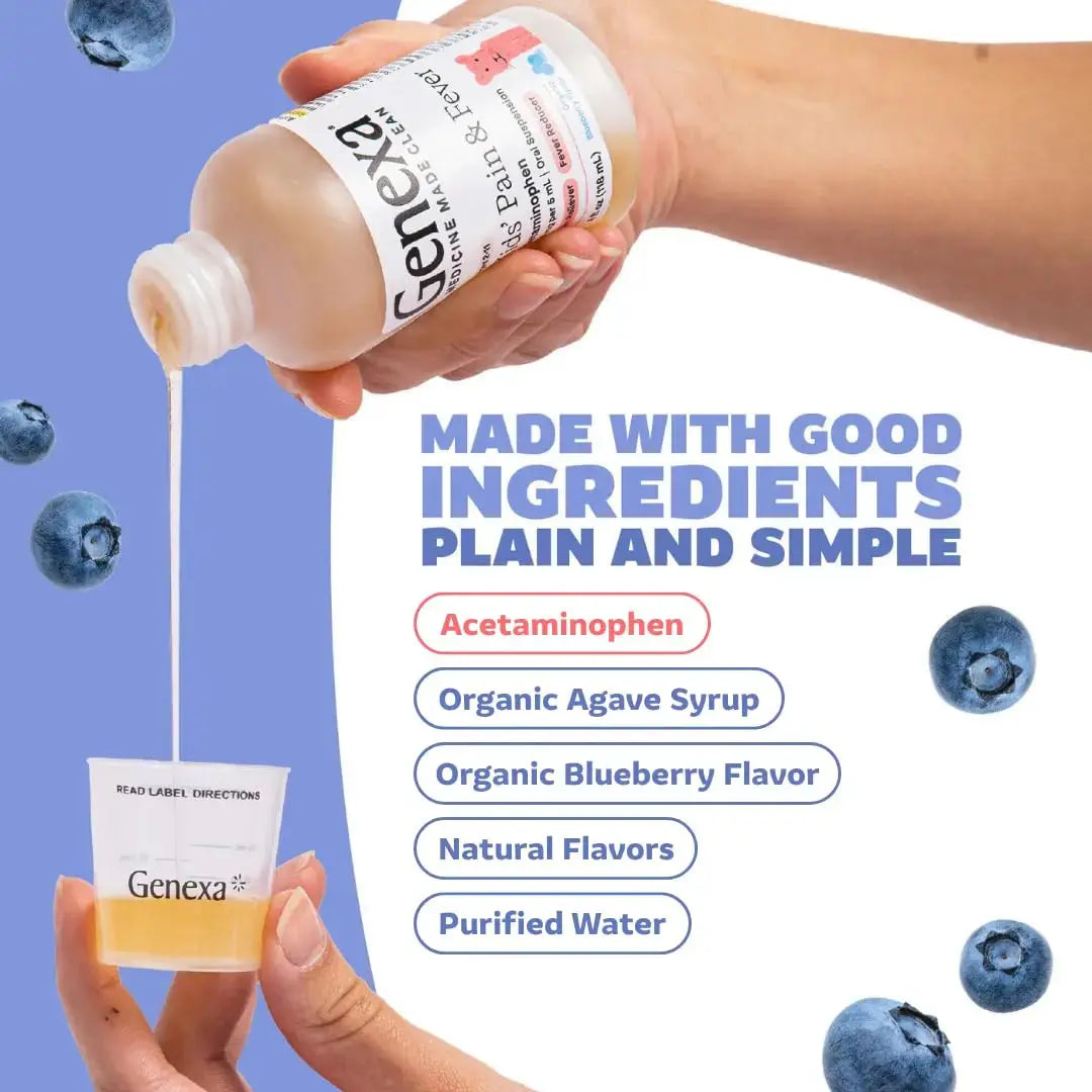 Genexa Children's Clean Acetaminophen | Pediatrician Preferred Ingredients | Pain & Fever Reducer for Kids | Dye Free, 0% Artificial Additives | Ages 2-11, Delicious Organic Blueberry Liquid, 4 fl oz GenexaAu supplements