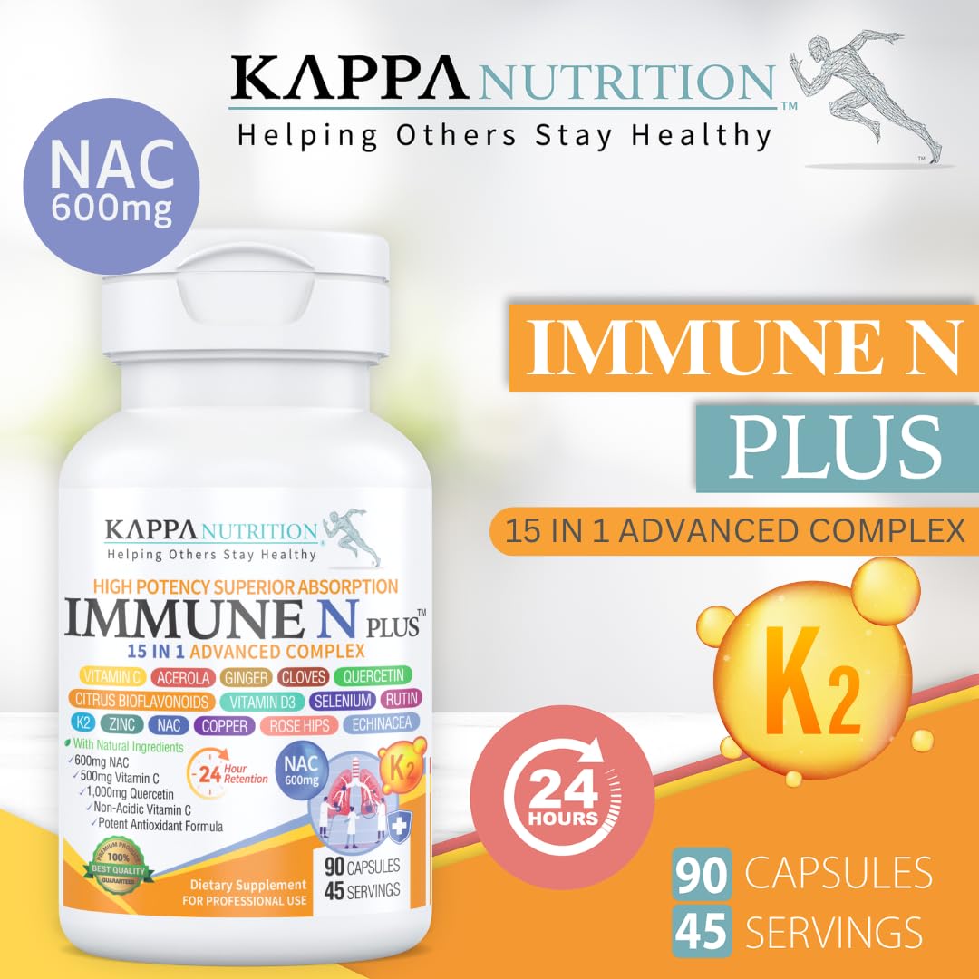(60 Capsules), NAC 600mg, Quercetin 1,000mg, Vitamin C 500mg, Zinc 50mg, Vitamin D3 5,000iu, Selenium, Copper, Acerola, Ginger, Rutin, Citrus Bioflavonoids, Rose Hips, Echinacea, Immune N Plus 15 in 1 KAPPA NUTRITIONAu supplements