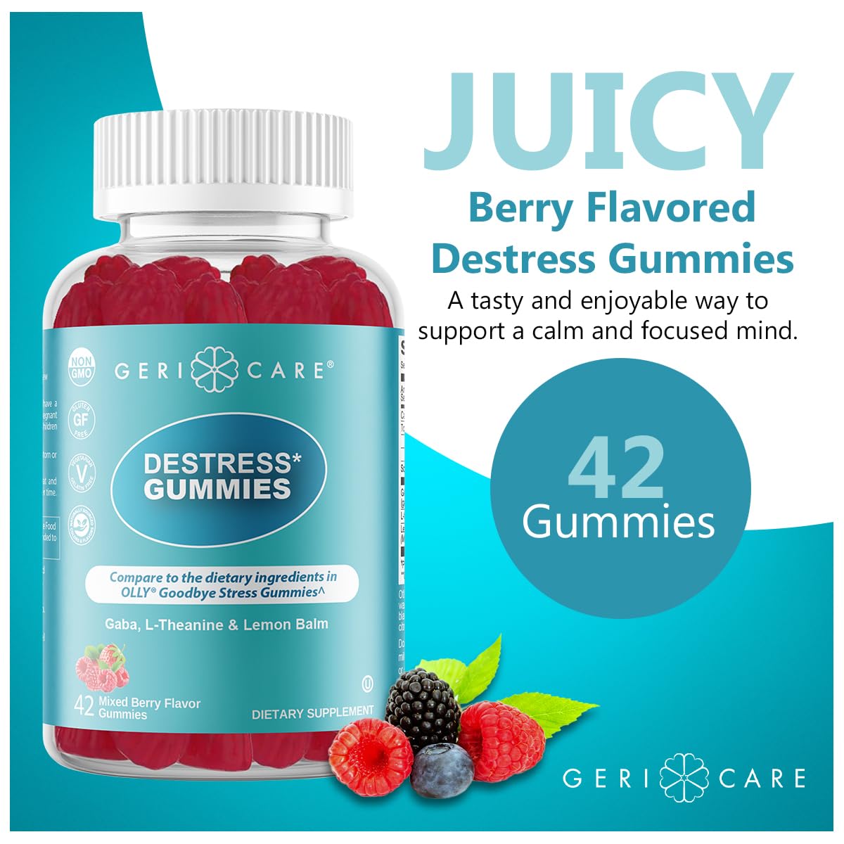 GeriCare DeStress Gummies with GABA, L-Theanine & Lemon Balm Mixed Berry Flavor – 42 Count – Supports Relaxation & Mental Clarity – Non-GMO, Gluten-Free, Vegan GeriCareAu supplements
