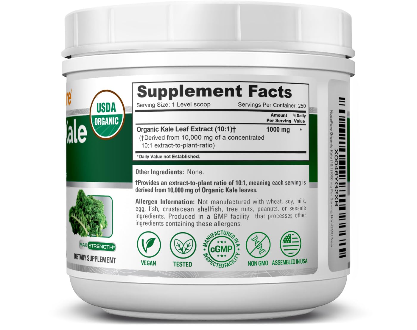 NusaPure Organic Kale Powder Extract 10:1 - Suitable for Vegetarian/Vegan, Non- GMO - 10,000 mg - 250 Capsules NusaPureAu supplements