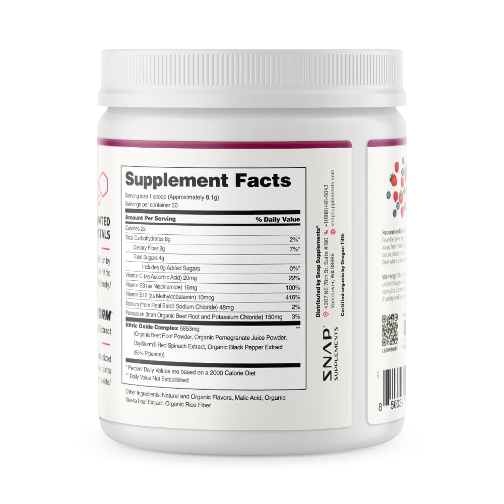 Snap Supplements Organic Beet Root Powder Nitric Oxide Supplement for Men & Women, Red Spinach & Pomegranate, Supports Healthy Energy & Blood Pressure Already in Normal Range, 30 Servings, Mixed Berry Snap SupplementsAu supplements