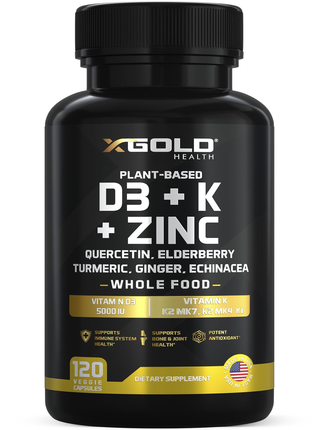 Vitamin D, K2, K1, Zinc, Quercetin, Elderberry, Turmeric, Ginger & Echinacea Whole Food Supplement 8 in 1- D3 5000 IU Plant-Based from Lichen, Vitamin K (K2 MK7, MK4, K1)