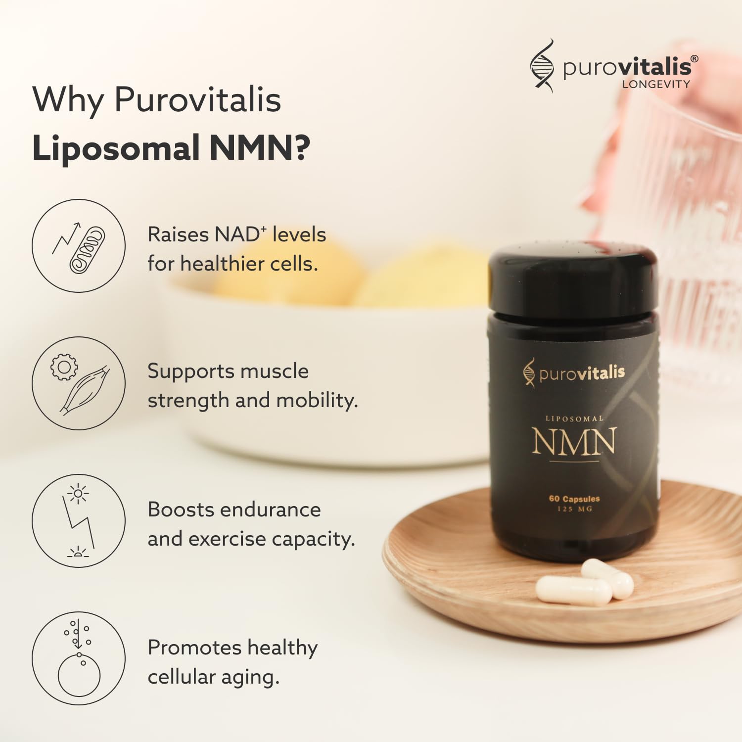 PUROVITALIS Liposomal NMN, 250mg Longevir Nicotinamide Mononucleotide Supplement, NAD+ Boost for Cellular Health, Energy & Healthy Aging, 1-Month Supply (60 Vegan Capsules) PUROVITALISAu supplements