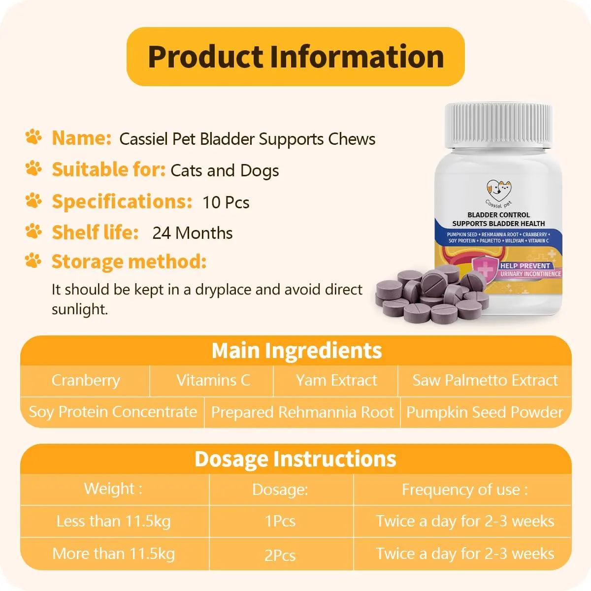 Cassiel Pet Bladder Supports Chews for Urinary Tract Health, Infection Treatments, Bladder Health, Dog UTI, Bladder Stones, Incontinence Support, Urinary Pain Relief for Cat & Dog 10 Chews (1 Bottle) Cassiel petAu supplements