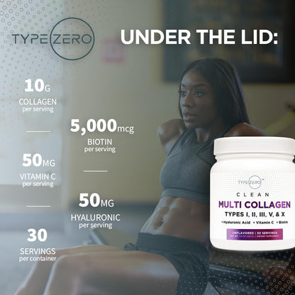 Type Zero Multi Collagen Powder 30 Servings (Unflavored) - Types I, II, III, V, & X Collagen Peptides + Hyaluronic Acid, VIT C, Biotin Type ZeroUS supplements
