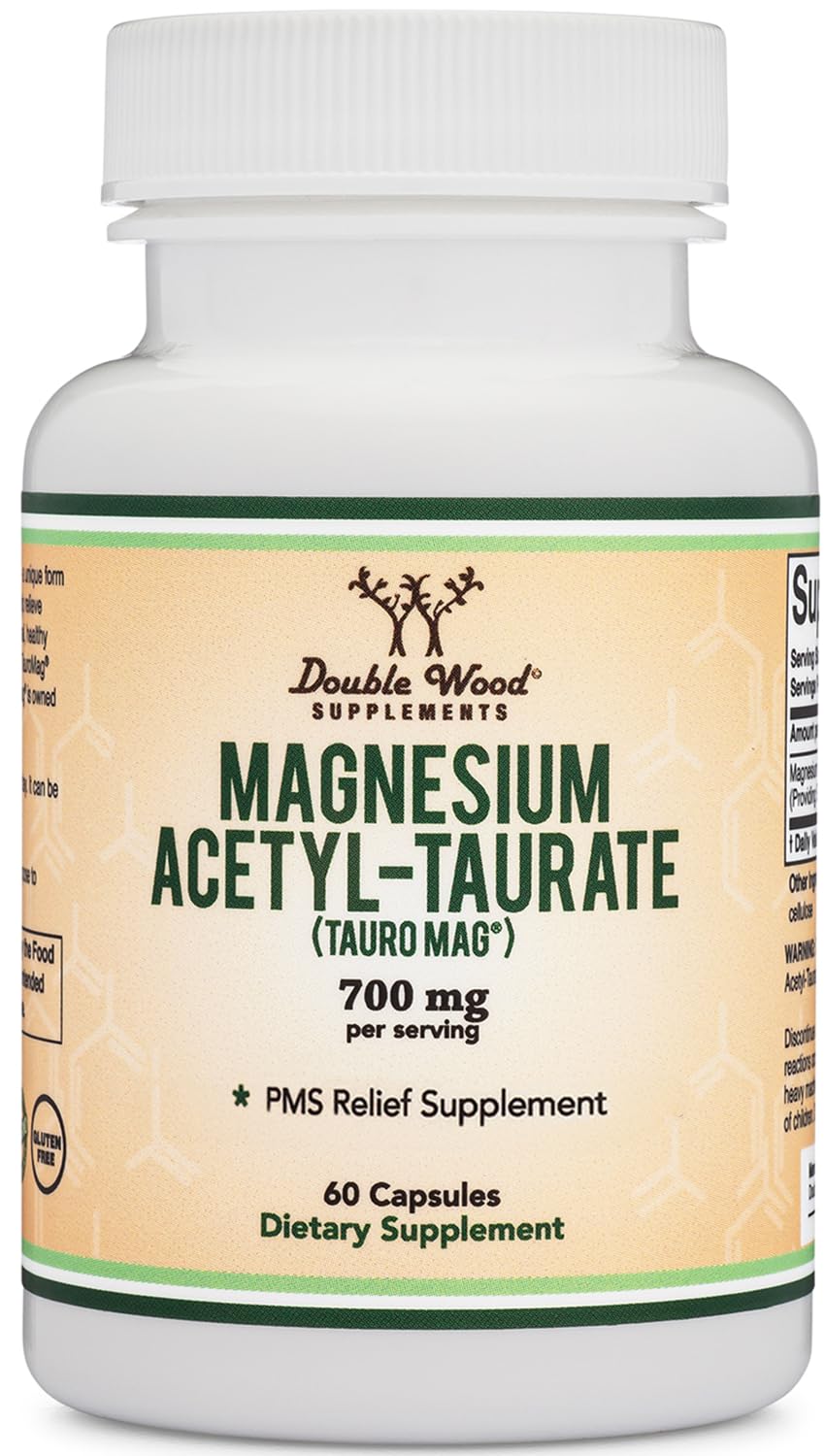 Magnesium Acetyl-Taurate (ATA MG, TauroMag) Novel and Patented Form of Magnesium for PMS and Cramp Relief (60 Capsules, 350mg) PMS Relief Magnesium Supplement by Double Wood Supplements Double Wood SupplementsAu supplements