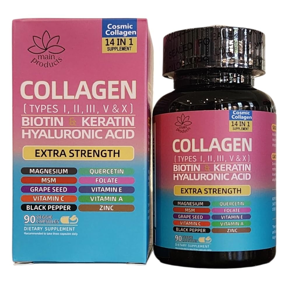 Collagen Peptides Types I, II, III, V & X, 64000 MCG, 14 in 1, Biotin, Keratin, Hyaluronic Acid, Magnesium, MSM, Grape Seed, Vitamin A C & E, Black Pepper, Quercetin, Folate, Zinc (90 Veggie Caps) Main ProductsAu supplements