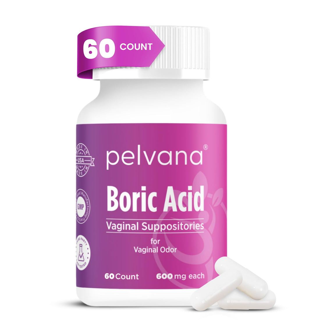 Pelvana Boric Acid Suppositories for Women - 60 Count - 600mg Boric Acid Capsules for Vaginal Odor Use PelvanaUS supplements