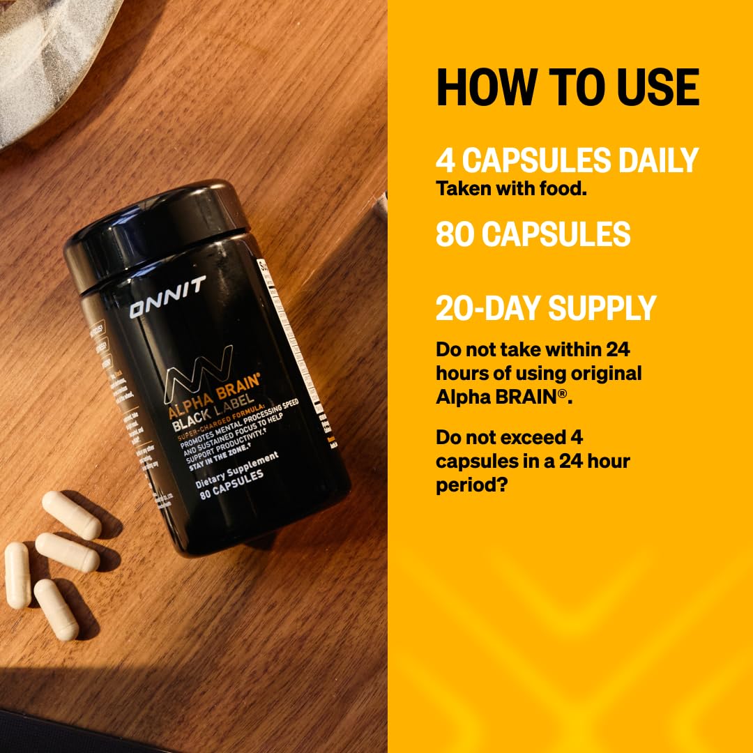 ONNIT Alpha Brain Black Label Capsules, IGEN Non-GMO Tested Citicoline Brain Supplement for Concentration and Memory, Lion’s Mane, Lutemax Lutein, L Theanine and Mucuna Pruriens, 80 Count ONNITAu supplements