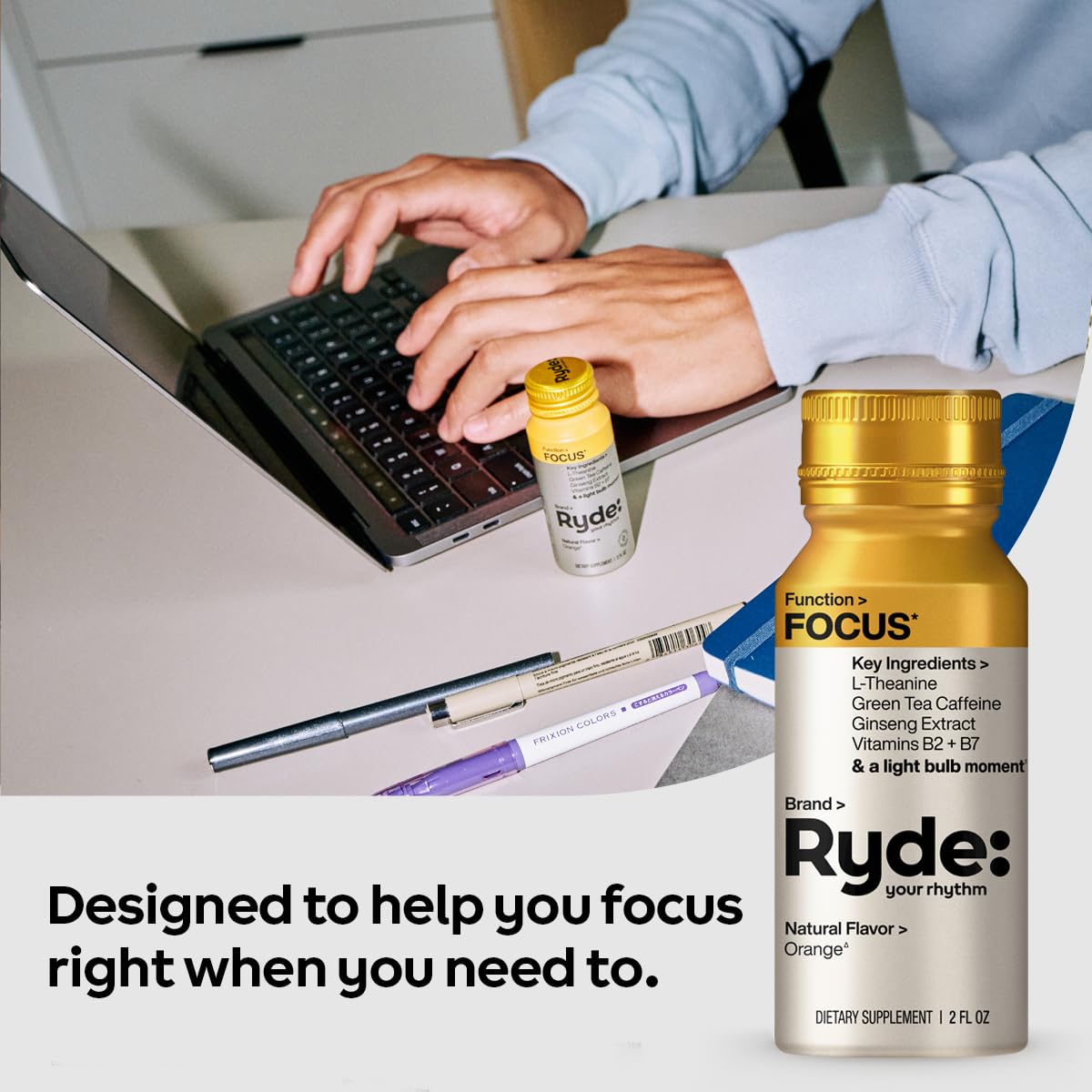 Ryde: Focus Shot | Orange Flavor | L-Theanine & Ginseng | Green Tea Caffeine | Vitamins B2 & B7 | 0 Calories, 0 Sugar | 2 FL OZ Shots | Supports Focus* (8 Pack) RYDEAu supplements
