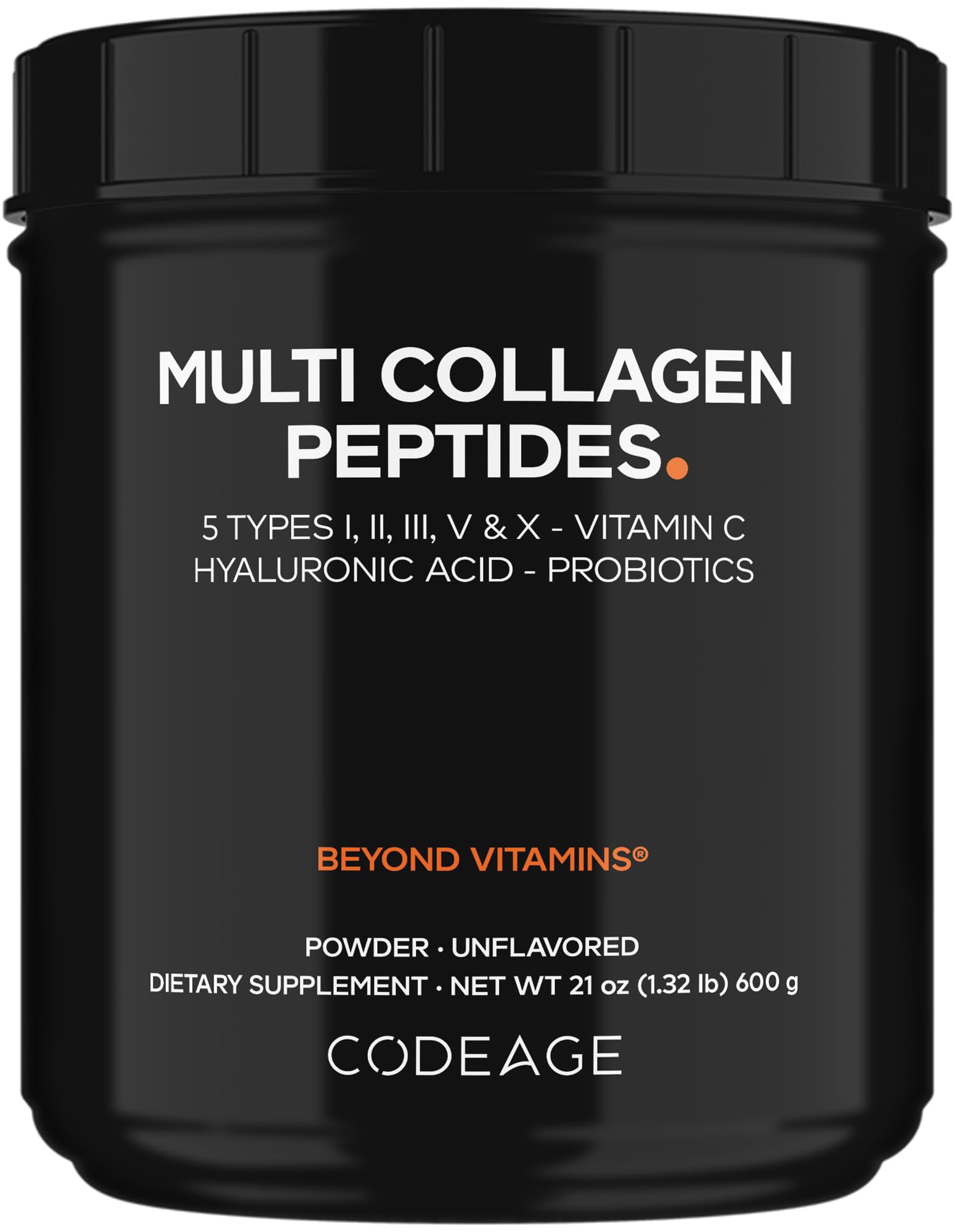 Codeage Multi Collagen Peptides + Probiotics Black Edition, Vitamin C, Hyaluronic Acid Powder Supplement, Grass-Fed, Pasture-Raised, Hydrolyzed, Zero Carbs, Type I, II, III, V & X, Unflavored, 21oz CodeageAu supplements