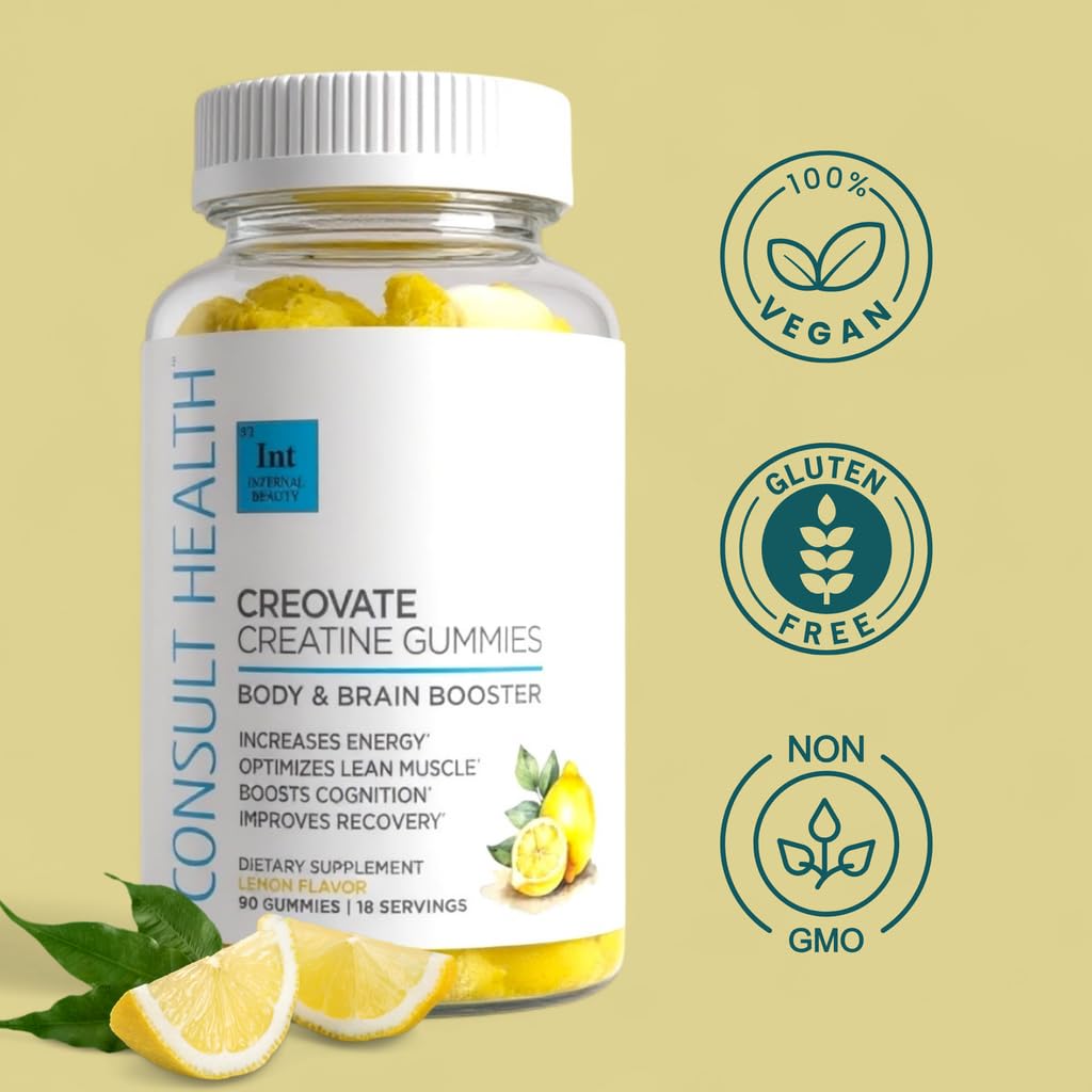 Consult Health CREOVATE CREATINE MONOHYDRATE Gummies 5g Dose for Men & Women to Support Muscle, Strength, Recovery, Cognitive Health & Memory, Zero Sugar, Gluten Free, Natural Lemon, 90 Count Consult HealthAu supplements