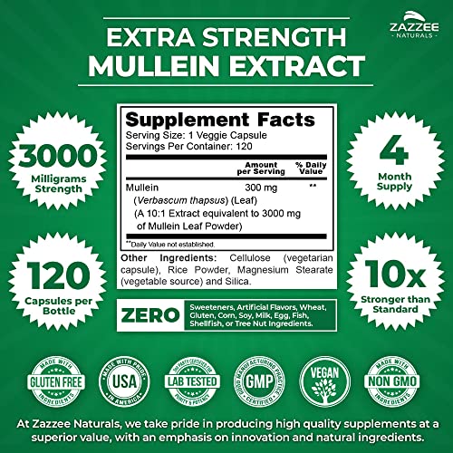 Zazzee Extra Strength Mullein 10:1 Extract, 3000 mg Strength, 120 Vegan Capsules ZazzeeAu supplements