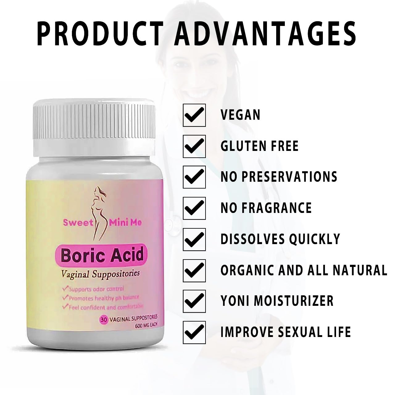 Sweet Mini Me 600mg Boric Acid Suppositories – Natural Vaginal Health Support for Women – pH Balance, Odor & Itch Relief – 30 Count Capsules GenericUS supplements